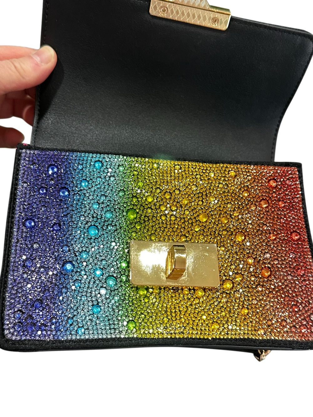 Betsey Johnson Multicolor Rainbow Crystals Crossbody with Gold Chain Strap 7”x5” - Picture 2 of 16